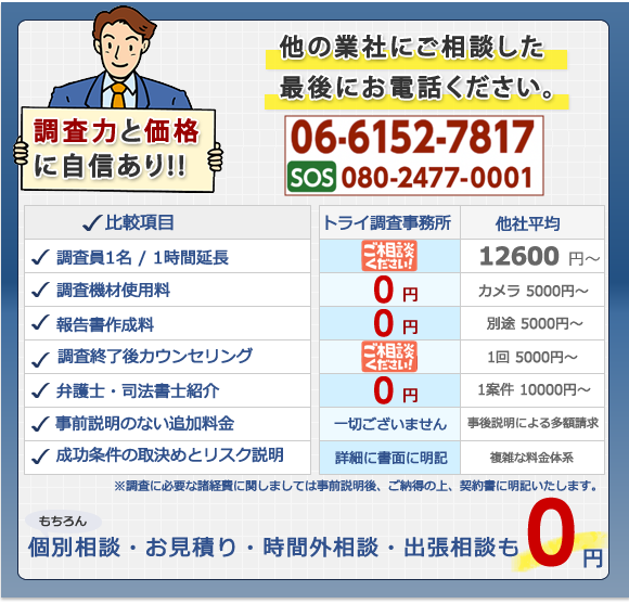 <他社との比較>調査力と価格に自信あり! 例)調査員1名/1時間延長7,500円~ 事前説明のない追加料金は一切ございません。