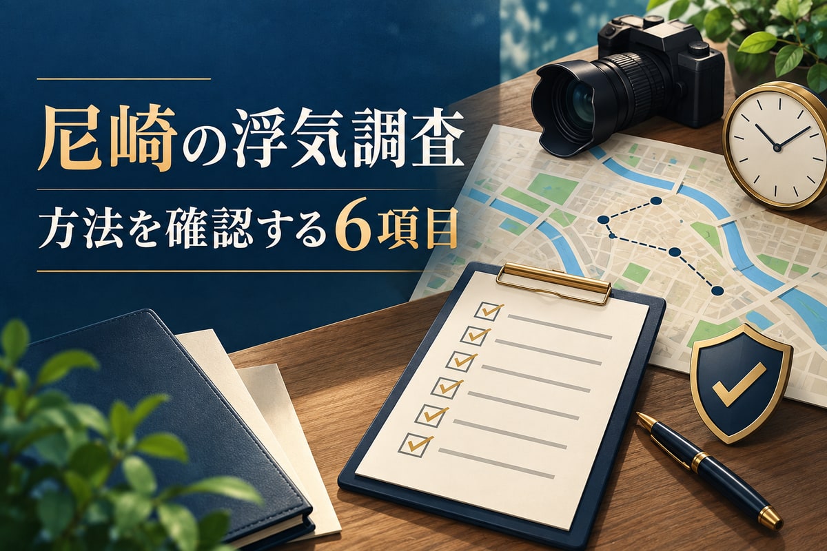 尼崎の抽象地図、カメラ、時計、盾、6項目のチェックリストで浮気調査の方法を確認するイメージ