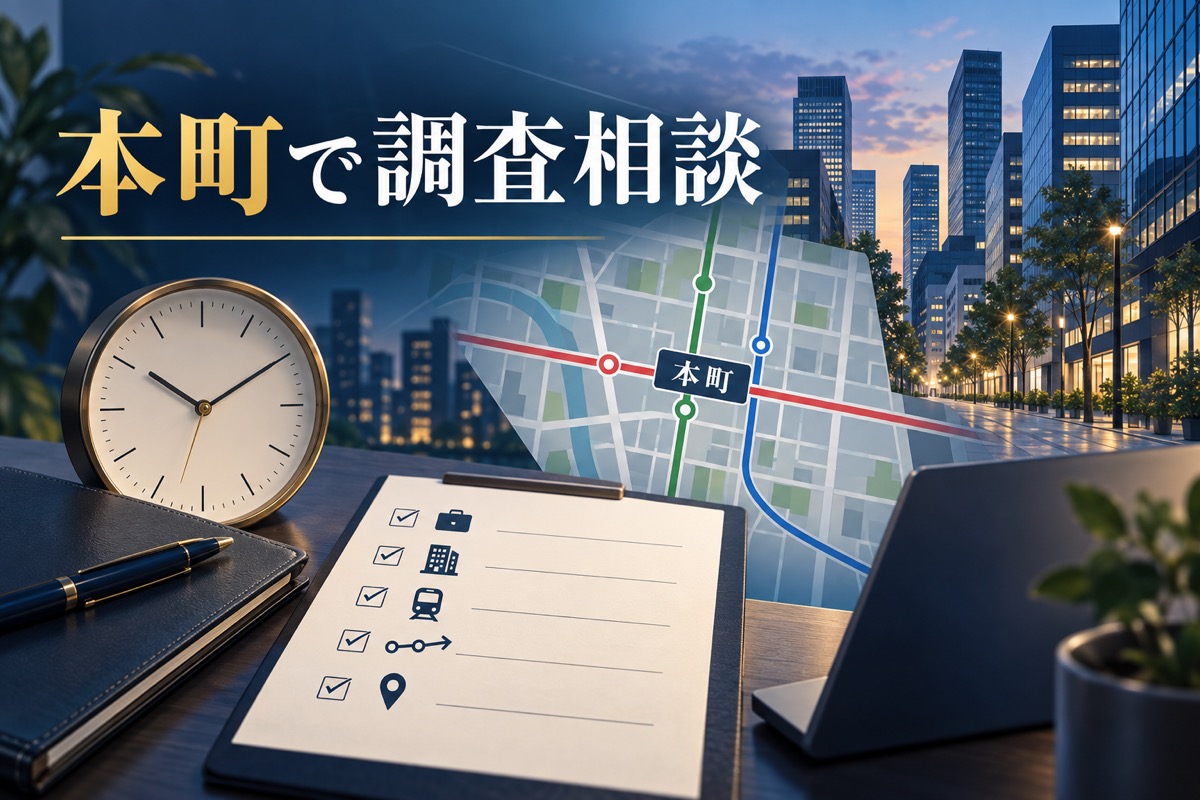 本町のオフィス街と路線図、時計、相談前のチェックリストを組み合わせたイメージ