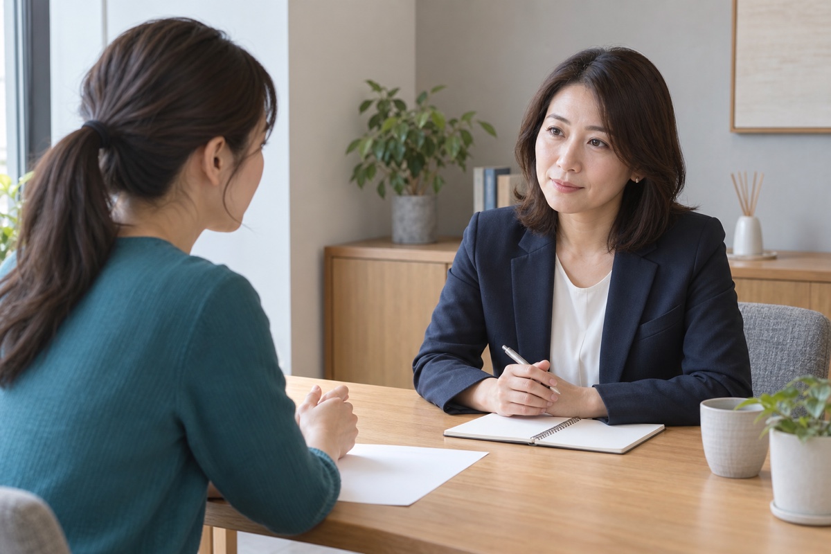 落ち着いた個室で相談する架空の日本人女性2名
