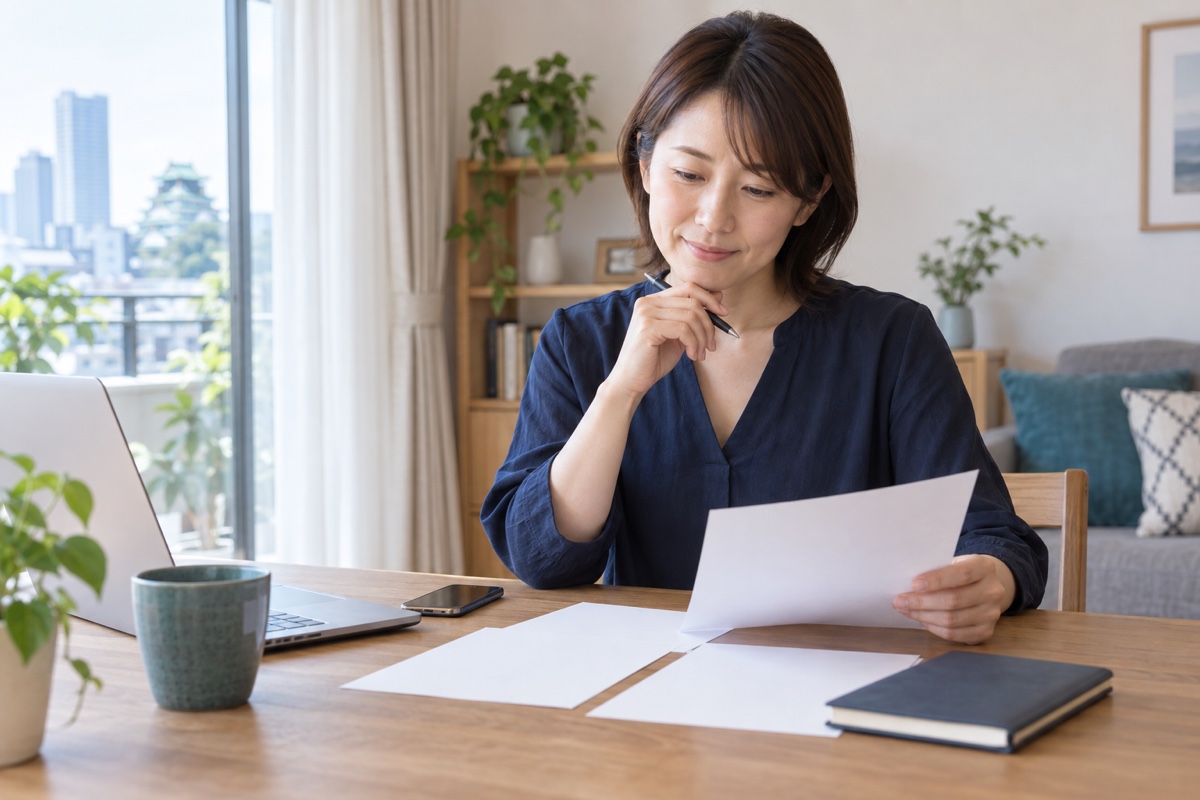 自宅で浮気調査への問い合わせ前に資料を整理する架空の日本人女性
